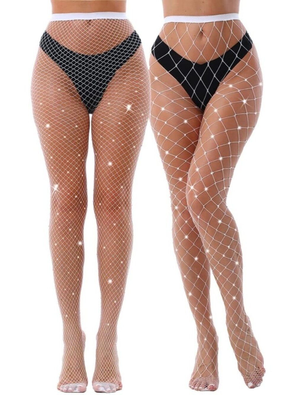 Women's White 2 Pack Sparkly Glitter Rhinestone Mesh Fishnet Stockings Tights